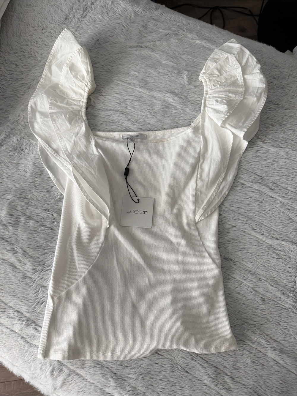 Joe's Jeans White Ruffle Sleeve Ribbed Tank